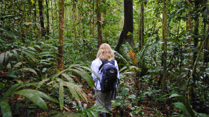 photo of girl walking in the rainforest
