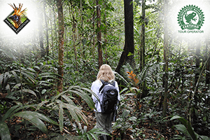 Girl walking in amazon jungle with rainforest alliance logo and Amazonia expeditions logo