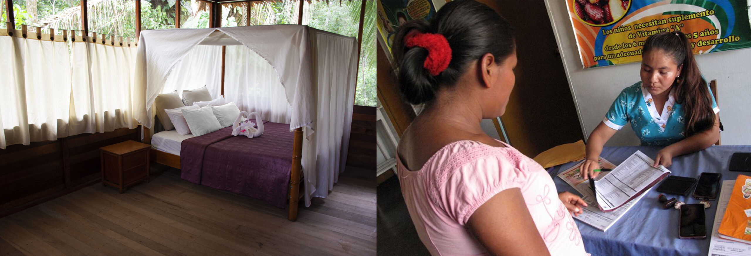 Photo of the cabins at Amazonia Expedition lodge next to a photo of a staff member working with a patient in Esperanza Clinic